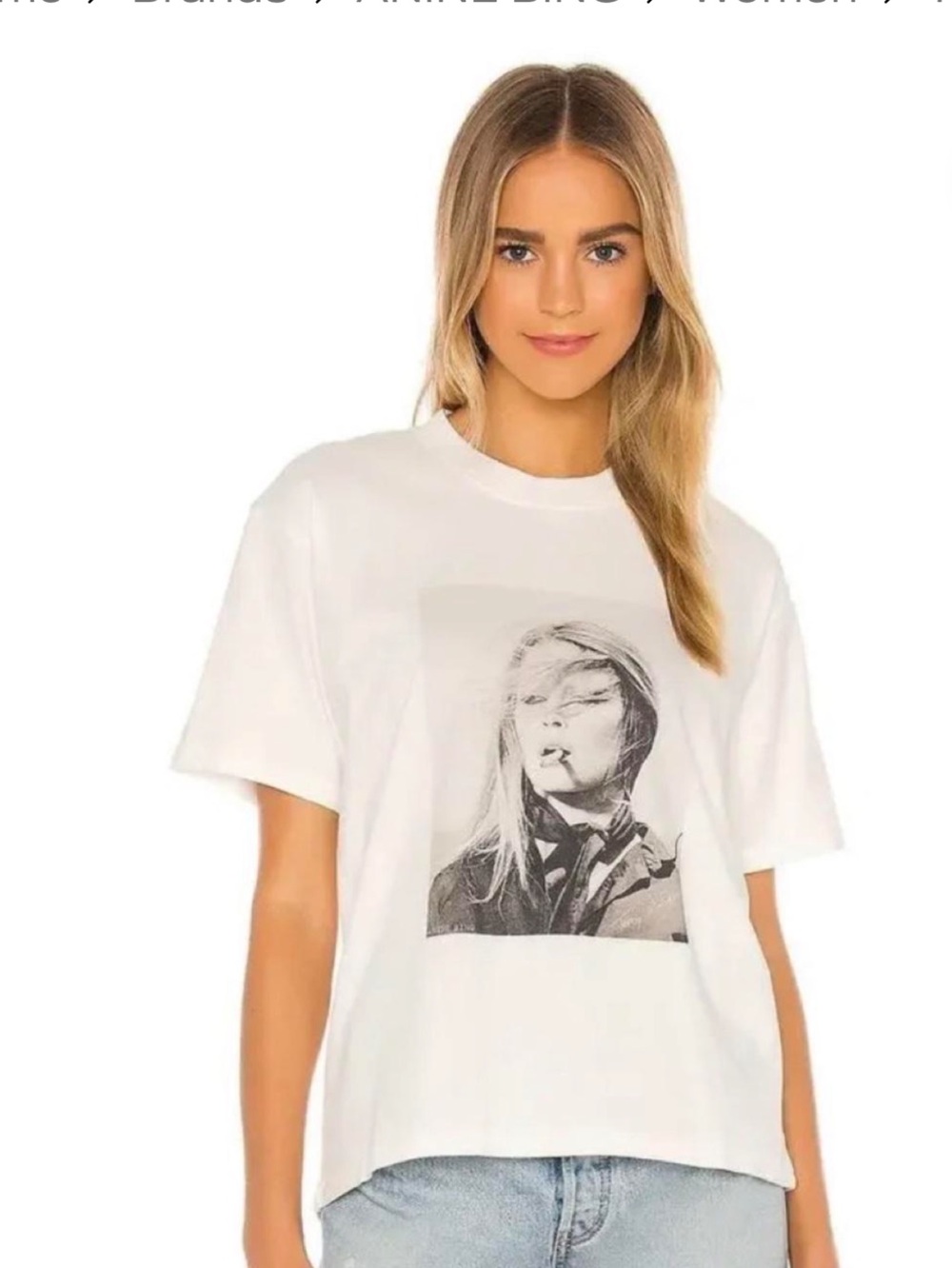 Anine Bing White Tee with Brigitte Bardot Smoking Graphic. XS